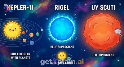 What are Kepler-11, Rigel, and UY Scuti, and do they have planets?