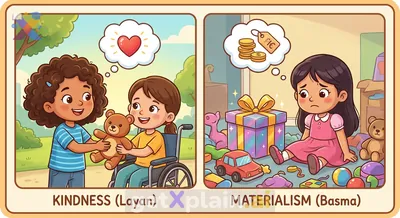 What makes us happy: Kindness like Layan's or possessions like Basma's?