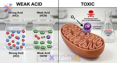 Why is hydrocyanic acid weak despite being highly toxic?