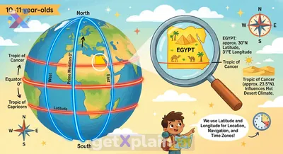 How do imaginary lines like latitude and longitude help us find Egypt?